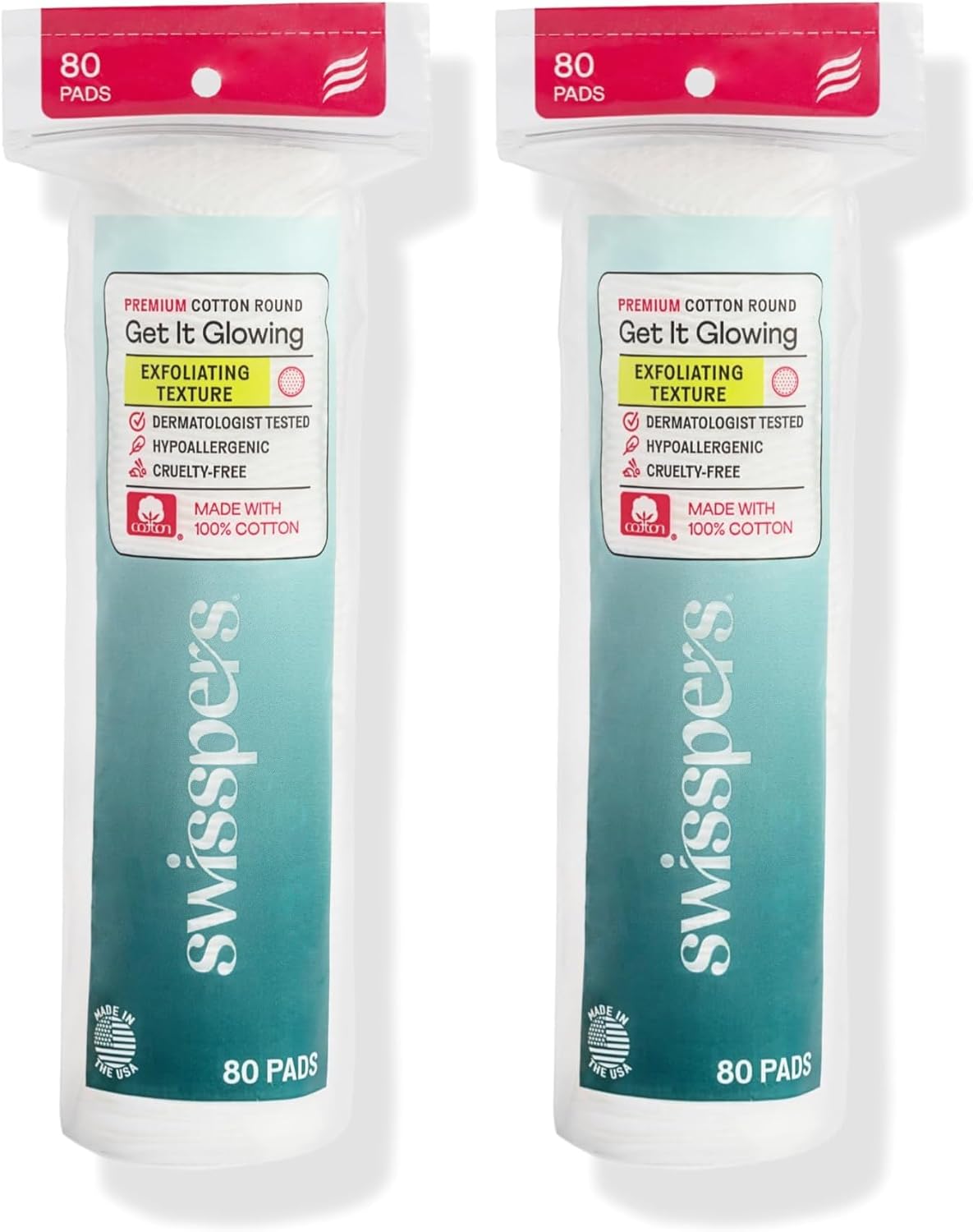 Swisspers Cotton Pads - Exfoliating Textured Rounds for Facial Use | 80 Count, Pack of 2