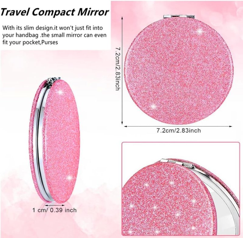 Compact Pink Makeup Mirror - Portable 2x Magnification with Glitter | Travel Essential for Women