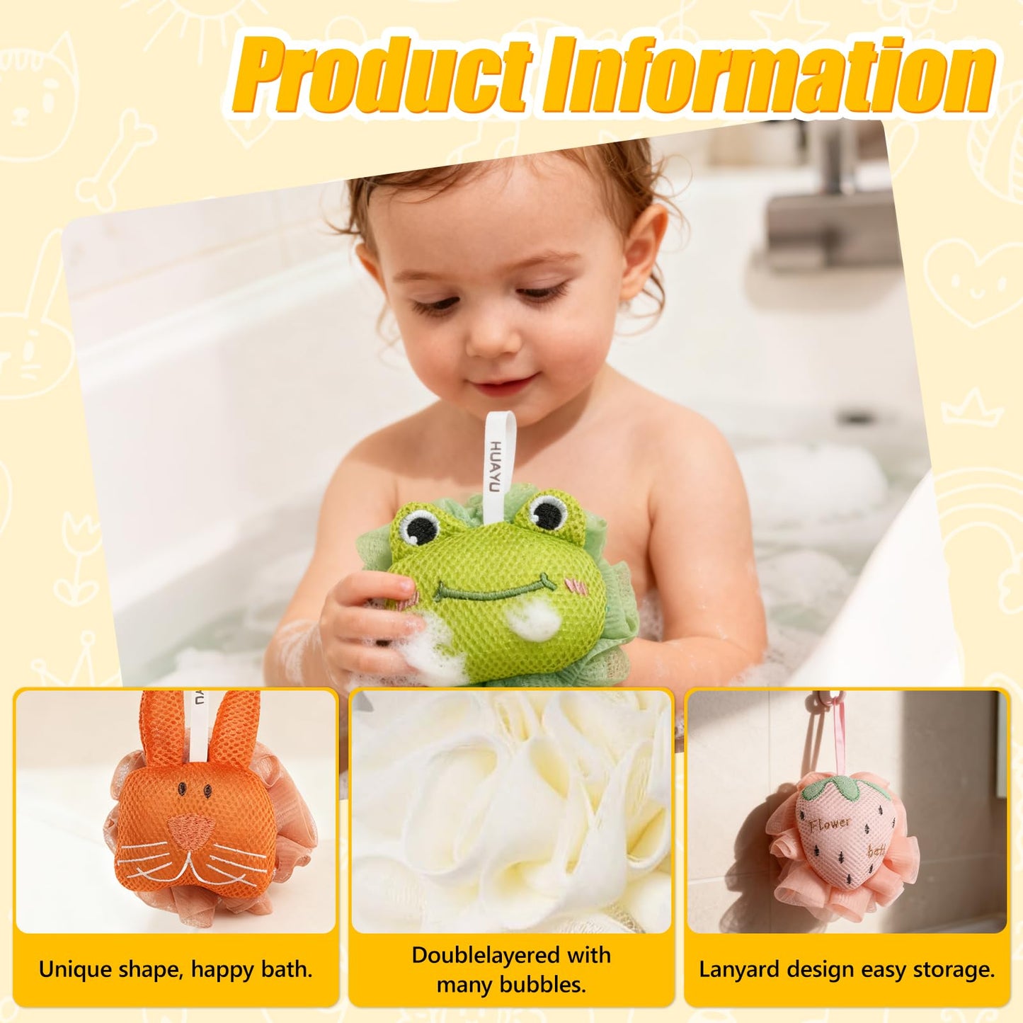 Kids Loofah, Cute Cartoon Animal Kids Bath Sponge with Hanging Rope, Soft Double Mesh for Rich Lather (Pink Octopus)