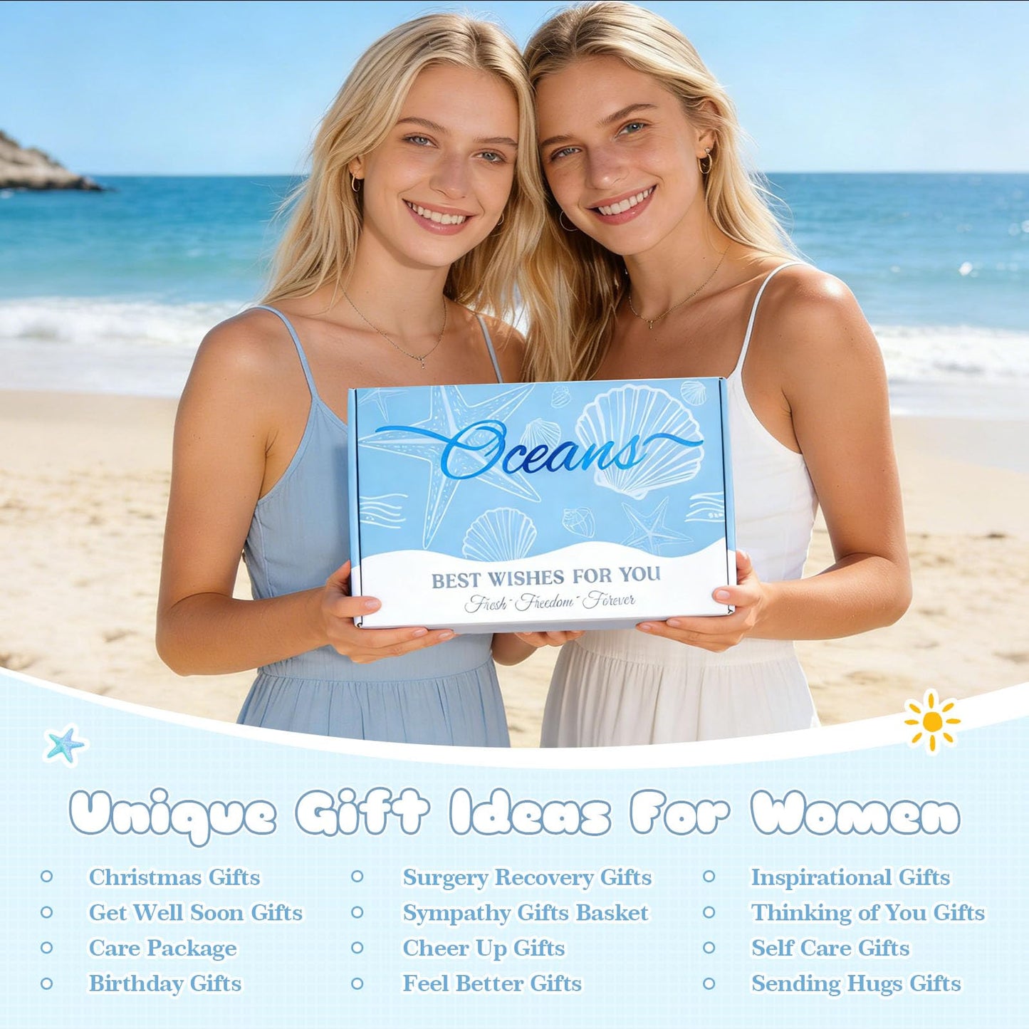 Ocean Gift Baskets for Women, Blue Self Care Spa Gift Set with 40oz Tumbler, Birthday Gift for Women Her Mom Wife Friend, Get Well Soon Gifts, Relaxation Gift Care Package for Women