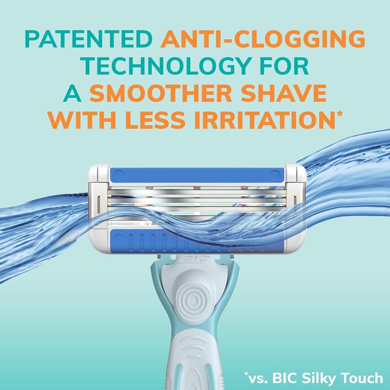 BIC Women's Refillable Razors - Anti-Clogging Design with 4 Blades | Includes 1 Handle & 3 Cartridges