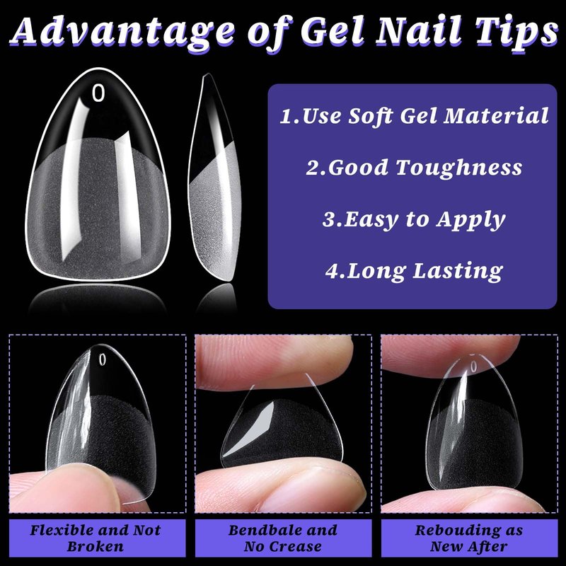 510pc Short Almond Nail Tips, Soft Gel Nail Tip Almond Fake Nails Artificial Fingernail, 15 Sizes Full Cover Clear Press on Nail Short Acrylic Nails Tips for Nail Extension, Press Nails Making