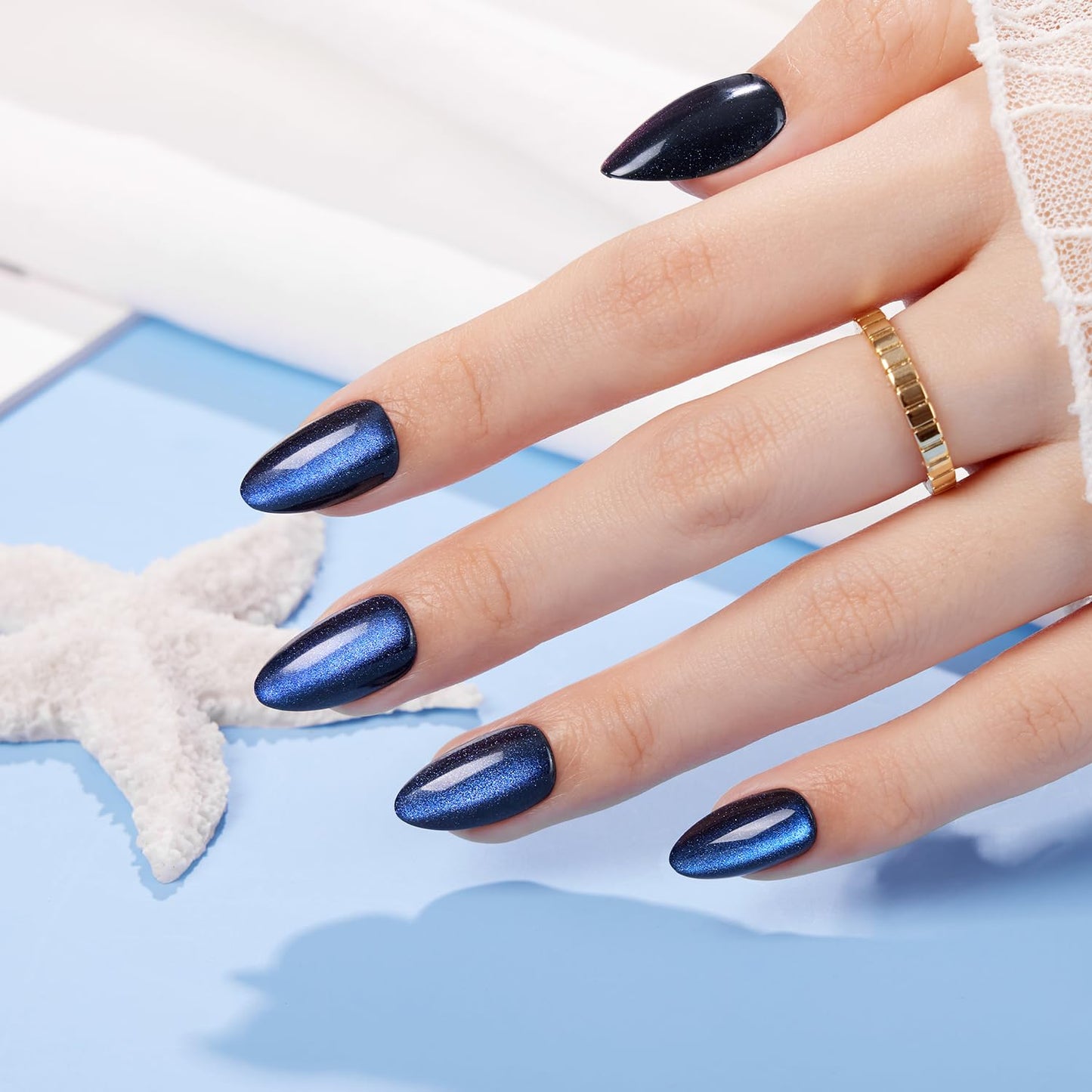 VSALON Press On Nails - Short Almond Blue Cat Eye Chrome Kit | 32 PCS Reusable Gel Nails with Glue & Cuticle Oil