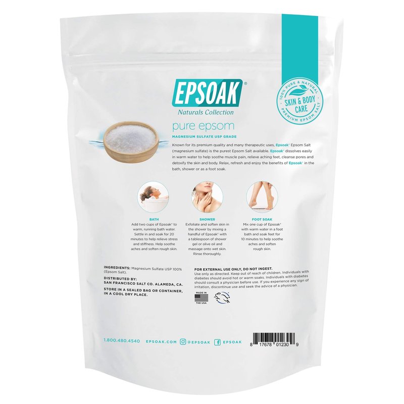 Epsoak Epsom Salt 5 lb. Magnesium Sulfate USP. Resealable Epsom Salt Bag Unscented, Made in The USA, Cruelty-Free Certified