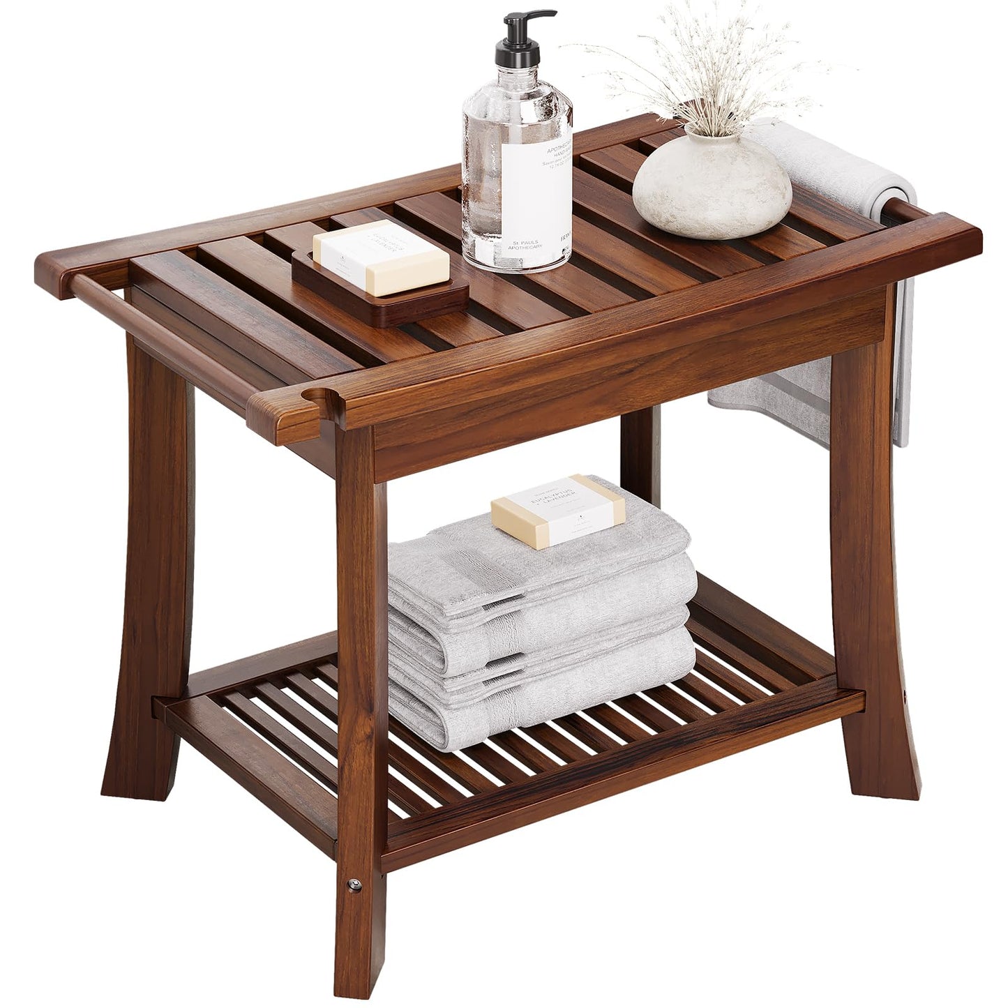 Teak Shower Bench, 23.6 Inch Teak Shower Stool 300lbs Wood Shower Chair Seat with Storage Shelf Towel Rack for Bathroom Indoor and Outdoor Use