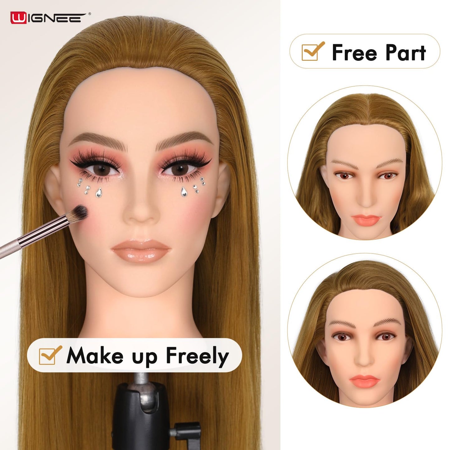 WIGNEE Professional Cosmetology Mannequin Head with Unique Realistic Face – Heat Resistant Synthetic Hair for Cutting & Styling Practice, Makeup-Friendly Training Head with Low Shedding, 26 Inch(27)