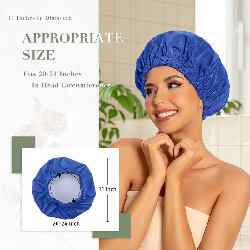 Reusable Shower Cap - Large Waterproof Hair Bonnet for Long, Curly Hair | Washable & Travel-Friendly (Dark Blue)