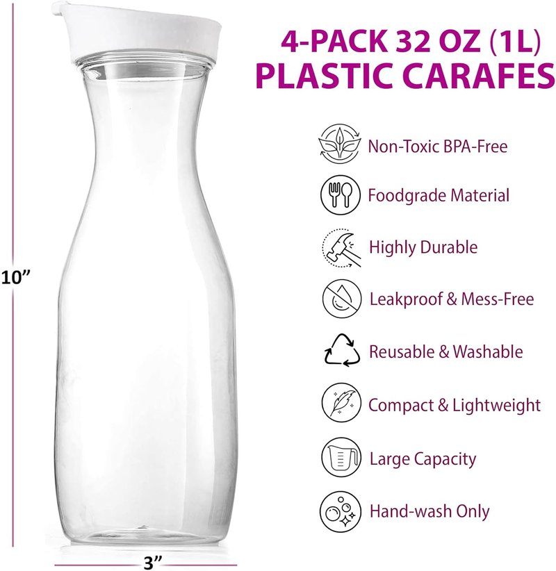 DilaBee Plastic Pitcher With Lid (4-Pack, 32oz) Round Plastic Beverage Dispenser for Water, Juice, Iced Tea - Water Pitchers, Carafes for Mimosa Bar - Clear Drink Dispenser BPA-Free - HAND-WASH ONLY