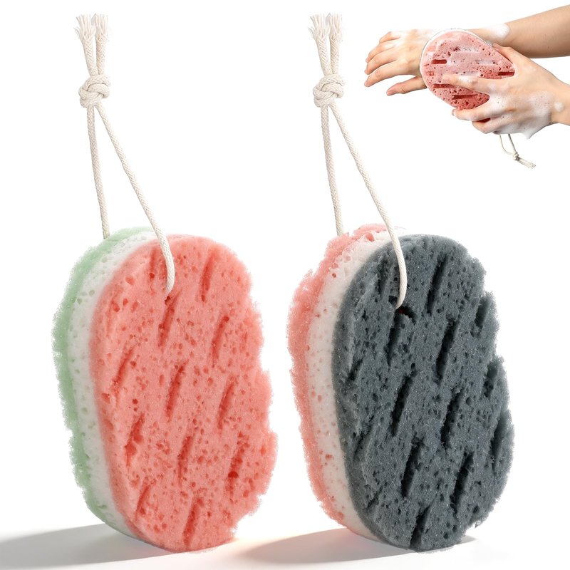 2 Pack Bath Sponges for Shower, Dual-Texture Exfoliating Loofah Sponge, Gray and Green Body Sponge for Women Men, Shower Sponges for Gentle and Deep Cleansing Foam