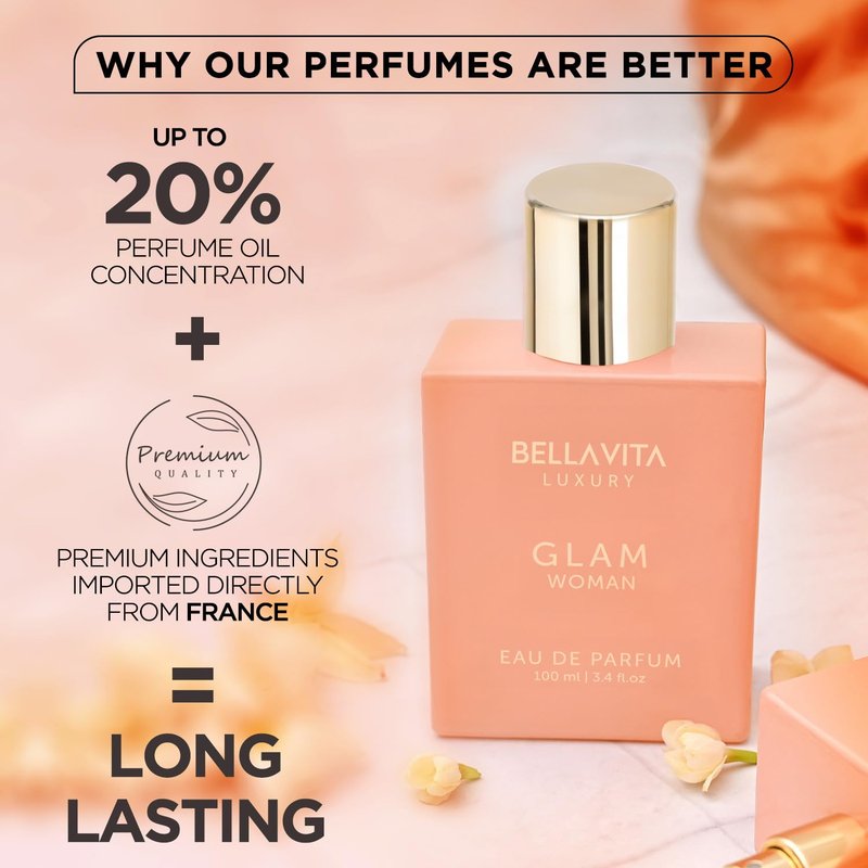 Bellavita Luxury Glam Eau de Parfum | 100 ml (3.4 fl.oz.) | Perfume for Women | White Floral, African Orange, Jasmine, and Patchouli Notes | Long Lasting Fragrance | Mother's Day present