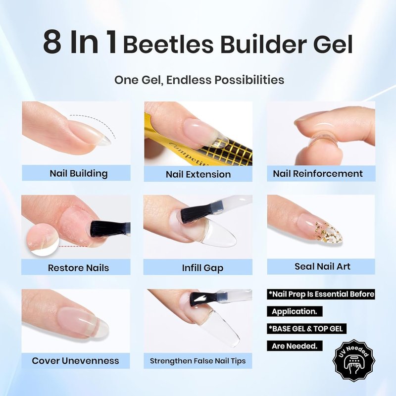 Beetles Builder Gel - 8 in 1 Clear Nail Strengthening Gel for DIY Salon Use | UV LED Cured, 2 Pcs