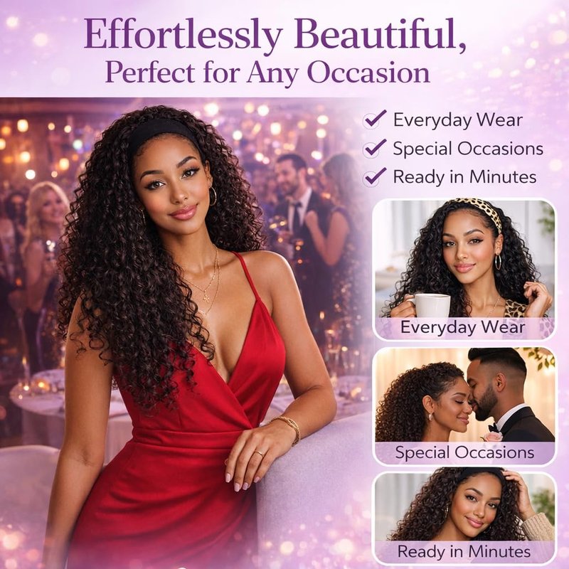 Reehaaboo Kinky Curly Half Wig for Women - 3-in-1 Synthetic Curly Half Wig with Drawstring & Glueless 22 Inch Natural Black Beginner Friendly
