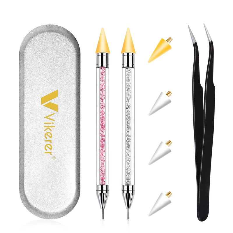 Rhinestone Picker Tool - Dual-Ended Nail Art Applicator with Acrylic Handle & 4 Wax Tips | 2 Pack