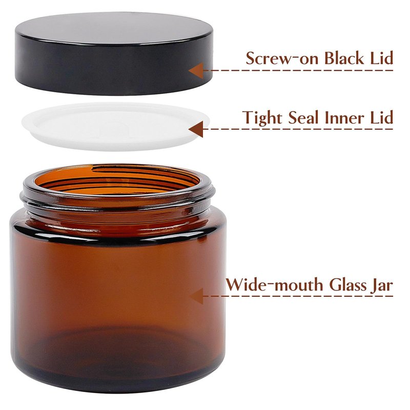 2 Oz Glass Jars with Lids, 12 Pack Thick Amber Glass Jar with Inner Lid and Black Lid, Leakproof Round Airtight Empty Cosmetic Containers for Lotion Cream and Candle Making