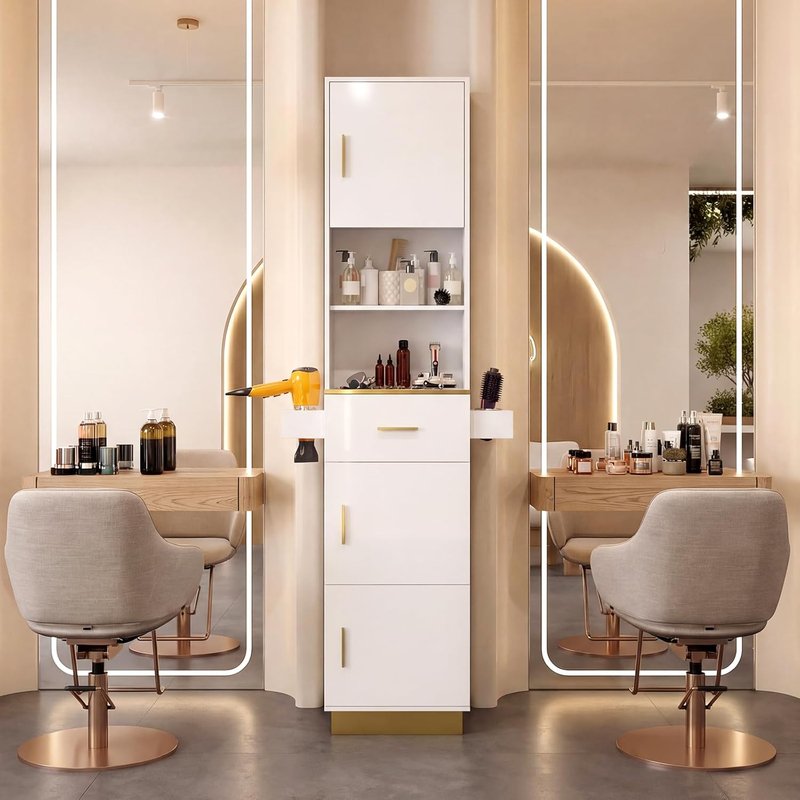 Salon Stations for Hair Stylists - Tall Hair Salon Station with 6 Tool Holders, Drawer & 3 Storage Cabinets | White