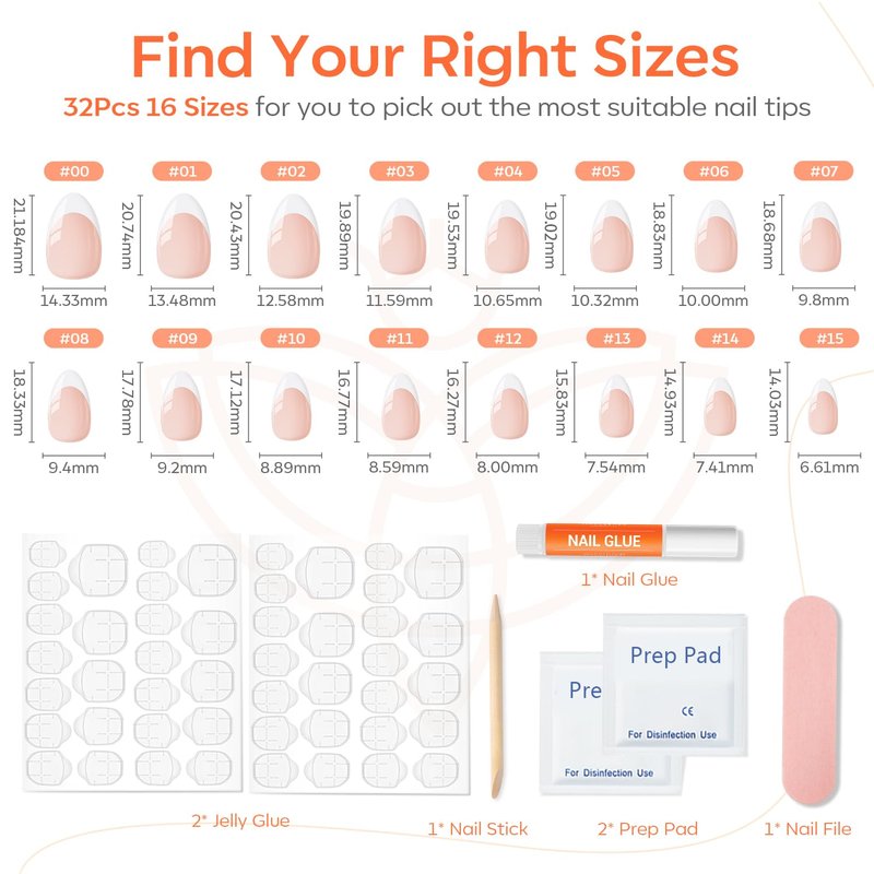 Modelones French Tip Press on Nails Almond, Summer Short Almond Fake Nails for Women, Reusable Nail Kit with Nail Glue Adhesive Tabs Mini Nail File, Nails Press Ons 32Pcs 16 Sizes ﻿
