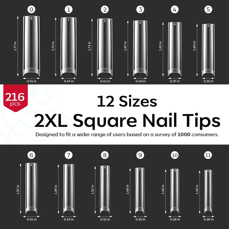 Modelones Long Square Nail Tips - 216PCS Pre-Shaped Acrylic Gel Extensions | 2XXL Size, Clear Finish