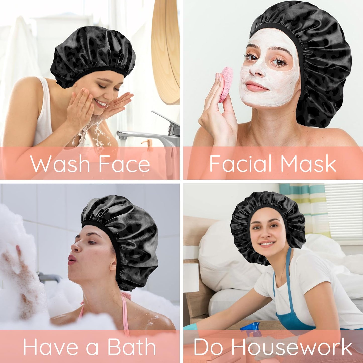 BHAHB Luxury Shower Cap Reusable Terry Cloth Lined EVA Triple Waterproof Layer Elastic Hair Bath Caps for Women Girls Cute-Black Leopard