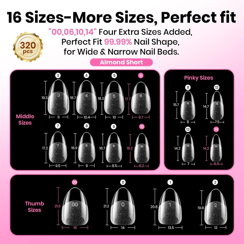 Beetles Short Almond Nail Tips, 320pcs 16 Sizes(00-14), Pre-Etched Half-Matte Full Cover Soft Gel Nail Tips Flat-X, Clear Press On False Nail Supplies, Easy DIY Nail Extension Salon Gift for Women