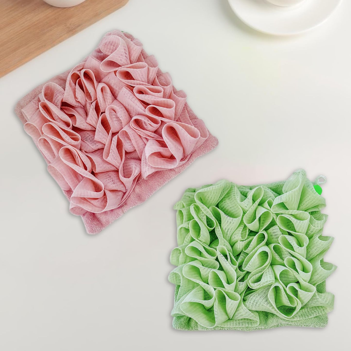 QIYUDA 2pcs Loofah Cloth for Bar Soap, Loofah Washcloth Pink and Green Shower Ball 2-in-1