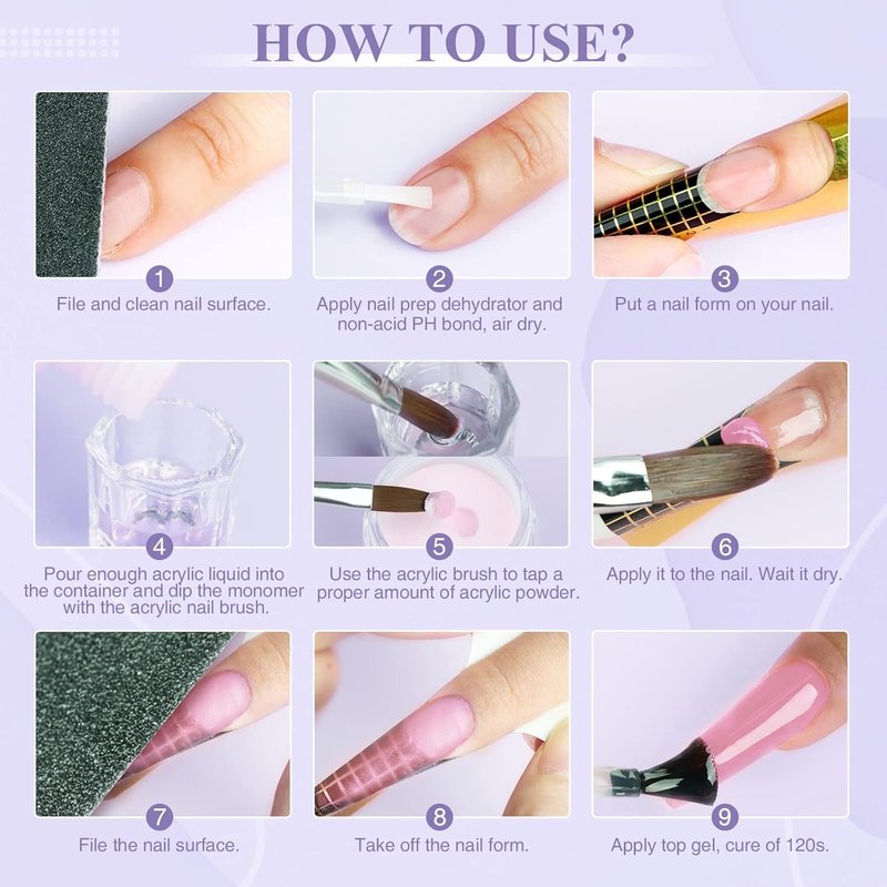 Saviland Acrylic Nail Kit - 15g Clear, White & Pink Acrylic Powder with Brush, Forms & Tools