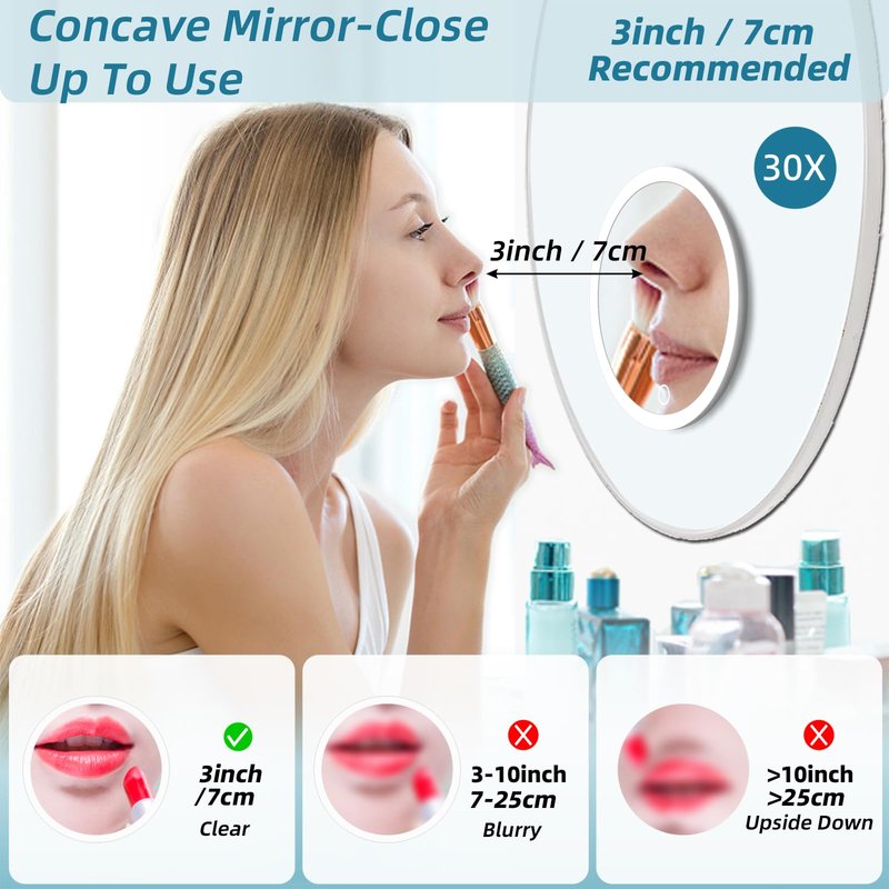 Magnifying Mirror with Light 30X, , Large 6" Rechargeable 3 Colors Modes Dimming Lighted Makeup Mirror with 30X Magnification, LED Travel Magnified Mirror with 3 Suction Cups and 360° Table Stand