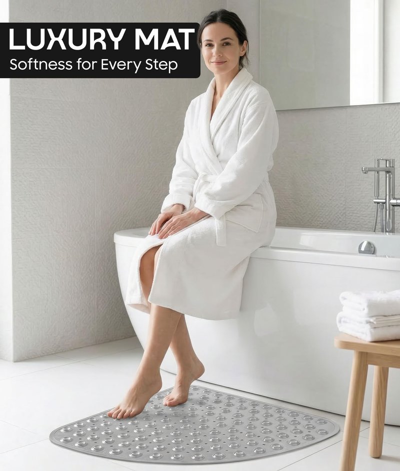 ADOV Corner Shower Mat Non Slip, 21x21 inch Curved Shower Mats for Inside Shower, Anti-Slip Bath Mat with Strong Suction Cup, Drain Holes, Machine Washable, Ideal for the Elderly (Grey)