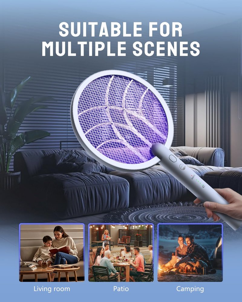 Mosiller Electric Fly Swatter Racket, 4000V Bug Zapper with 1800mah Rechargeable Battery & Dual Modes, 2 in 1 Purple Mosquito Light Killer with 3-Layer Safety Mesh for Indoor Home Patio Camp(1 Pack)