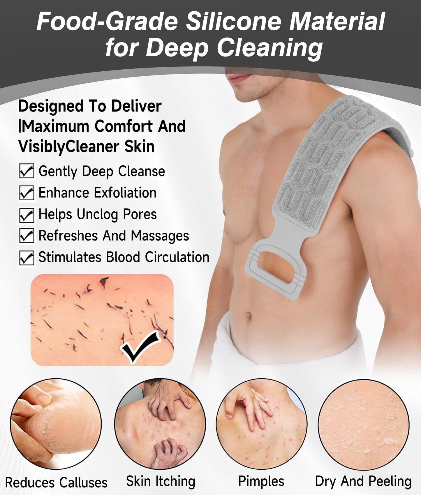 EaTubano Back Scrubber for Shower - Exfoliating Back Scrubber with Handles,Double-Sided Exfoliating Wash Bath Tool for Use in Shower, Back Washer to Deep Clean Your Skin for Men & Women (Grey)