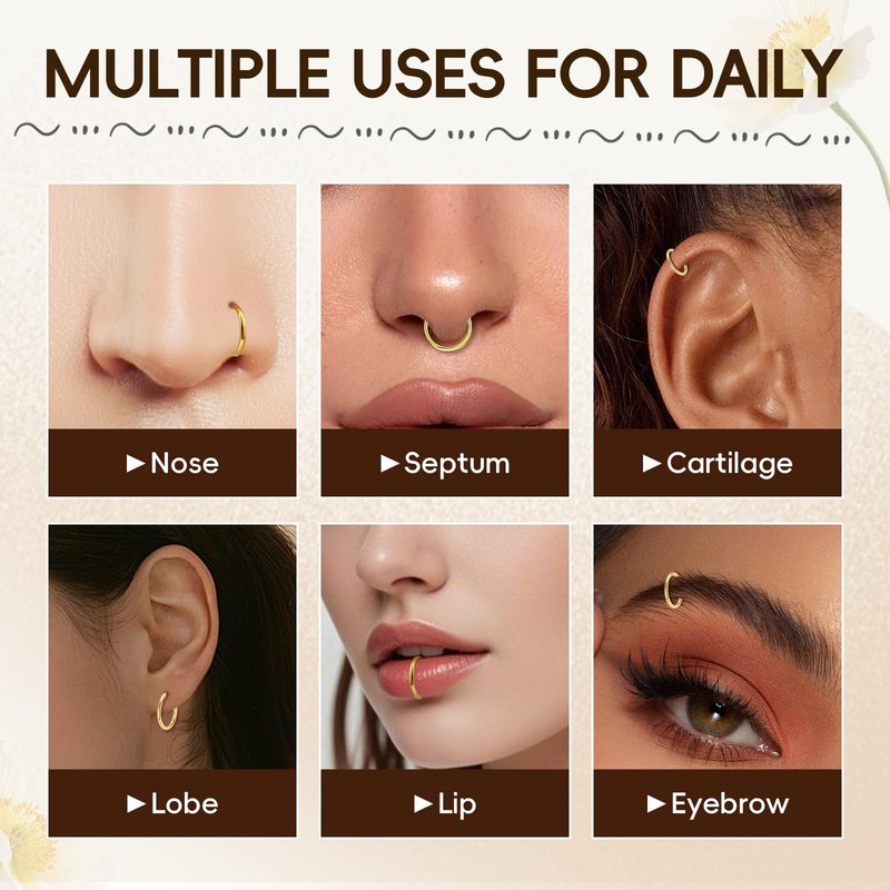 ONESING 10Pcs Gold Nose Ring Hoop 20G Clicker Nose Hoops Hypoallergenic Stainless Steel Nose Piercings Jewelry Gold Nose Jewelry Septum Helix Cartilage Lip Body Piercings for Women Men 7mm 8mm 9mm 10mm 12mm