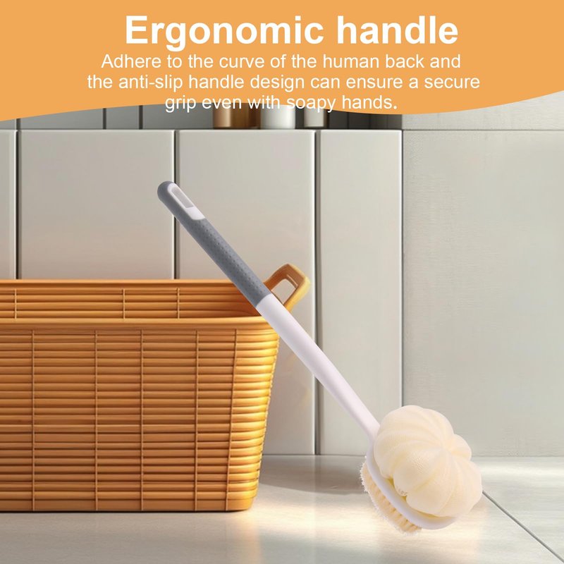 XDMURYM Long Handled Shower Brush for Cleaning Body,Double-Sided Bath Brush for Massage with Bristles and Loofah,Body Brush Exfoliator Mesh Sponge for Women and Men(Gray)