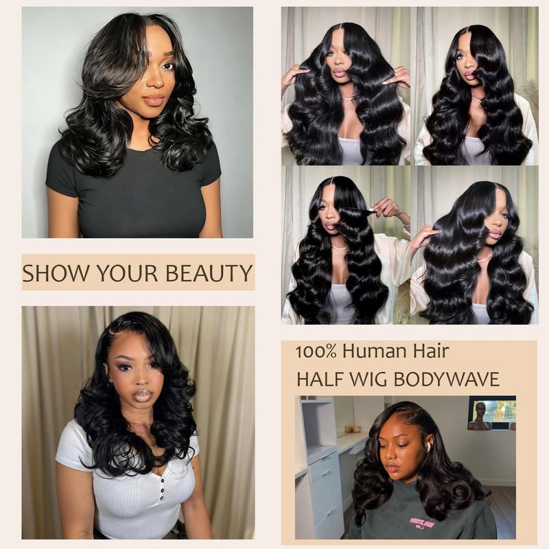 Rsshnlo Body Wave Half Wig Human Hair 200% Density 3 In 1 Wear and Go Glueless Wigs Human Hair Seamless Half Wigs Human Hair Flip Over Wig Drawstring Headband Wig Human Hair Beginner Friendly 26 Inch
