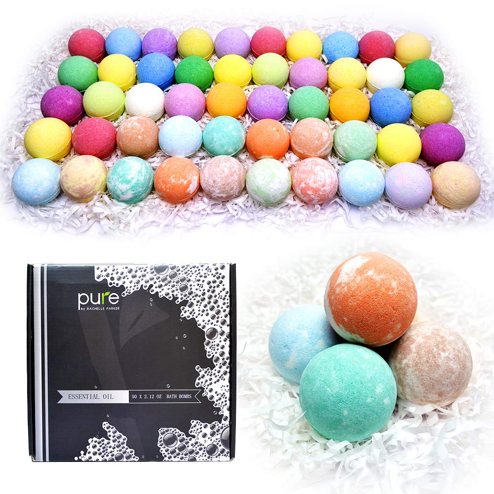 Pure Parker Natural Bath Bombs Bulk 50 Pack with Essential Oils - Moisturizing Gift Set for Women with Shea Butter - Individually Wrapped for Freshness