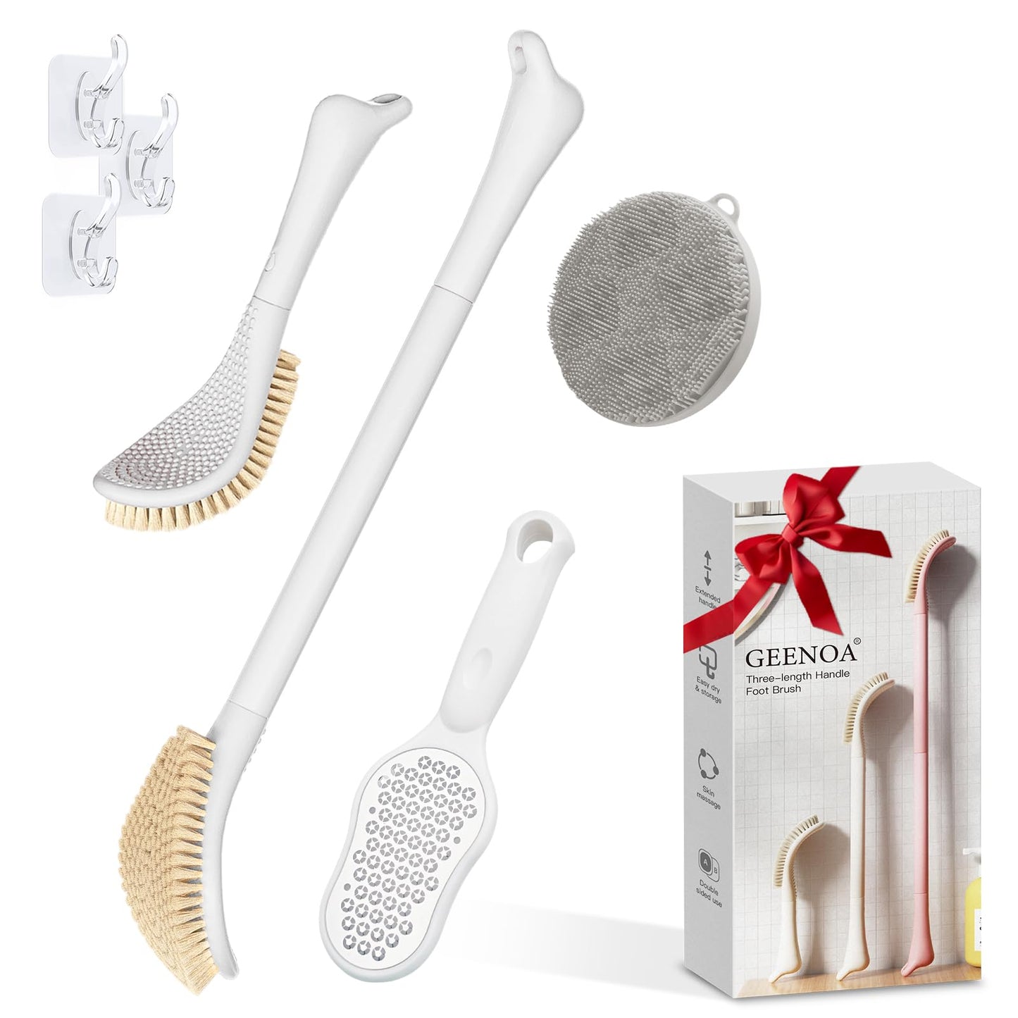 GEENOA Foot Brush/Foot File/Silicone Body Scrubber Set(3PCS), 3-in-1 Foot Scrubber with Long Handle, 10.2’’-27.5’’Adjustable Foot Scrub Brush with Foot File and Silicone Loofah, Gift-Box(White Set)