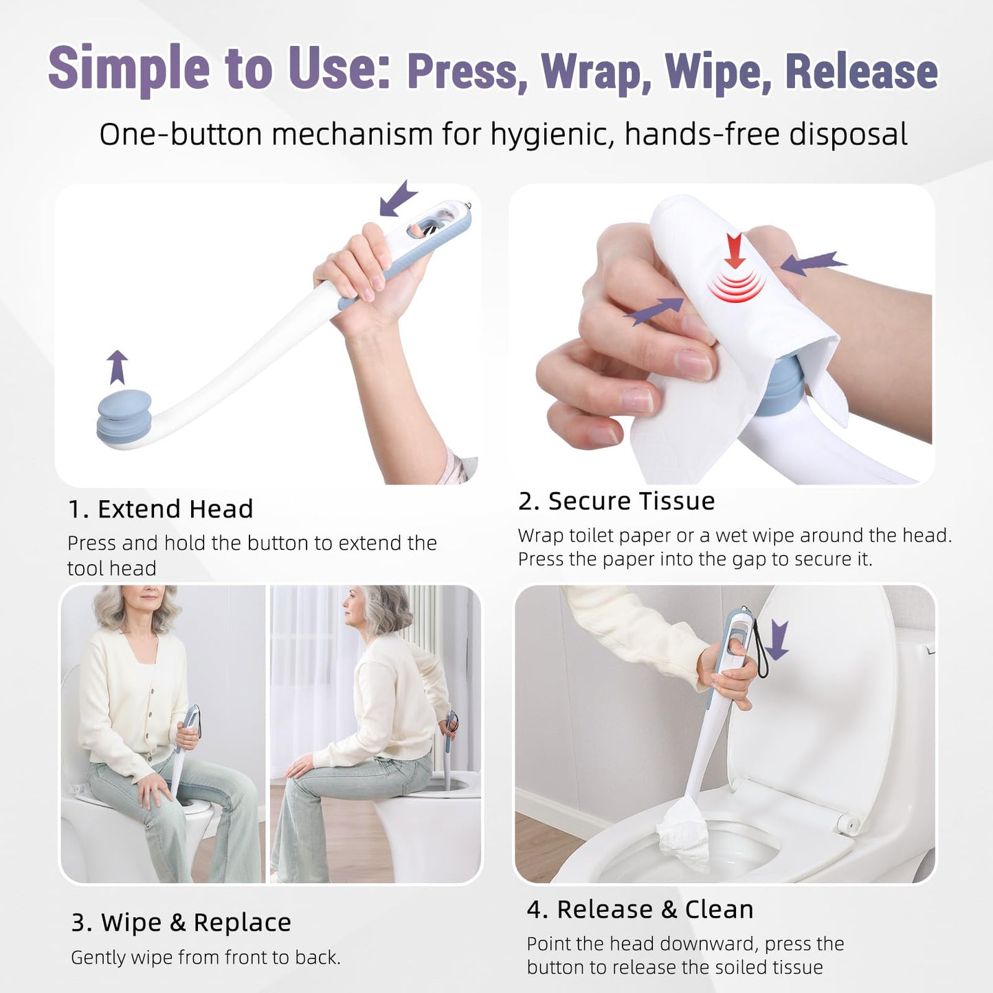 Chonario Toilet Aids for Wiping Bottom, 2-Pack - Long Reach Comfort Wipe with Replaceable Head & Strap - Bottom Buddy Wiping Aid for Elderly, Disabled & Post-Surgery