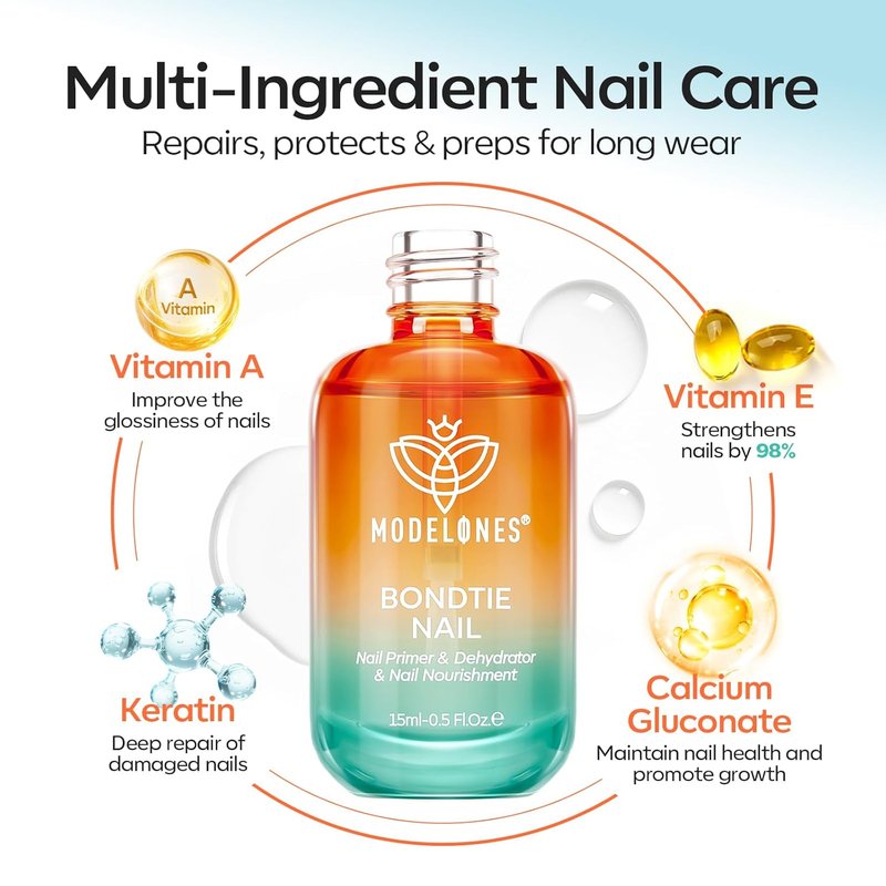 Modelones Nail Dehydrator & Primer - 3-in-One Vitamin A, E & Keratin Formula for Acrylic & Gel Nails