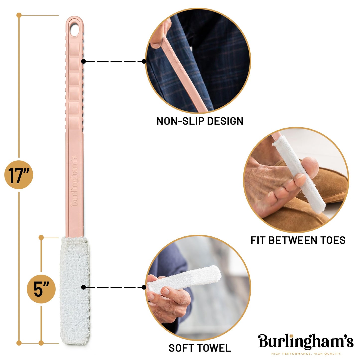 Burlingham's Toe and Foot Towel Brush with Reusable Drying Covers Long 17” Handle for Cleaning Between Toes, Soft Skin Exfoliation,for Seniors, Adults, Kids (Pink Toe Towel Brush + 3 Covers)