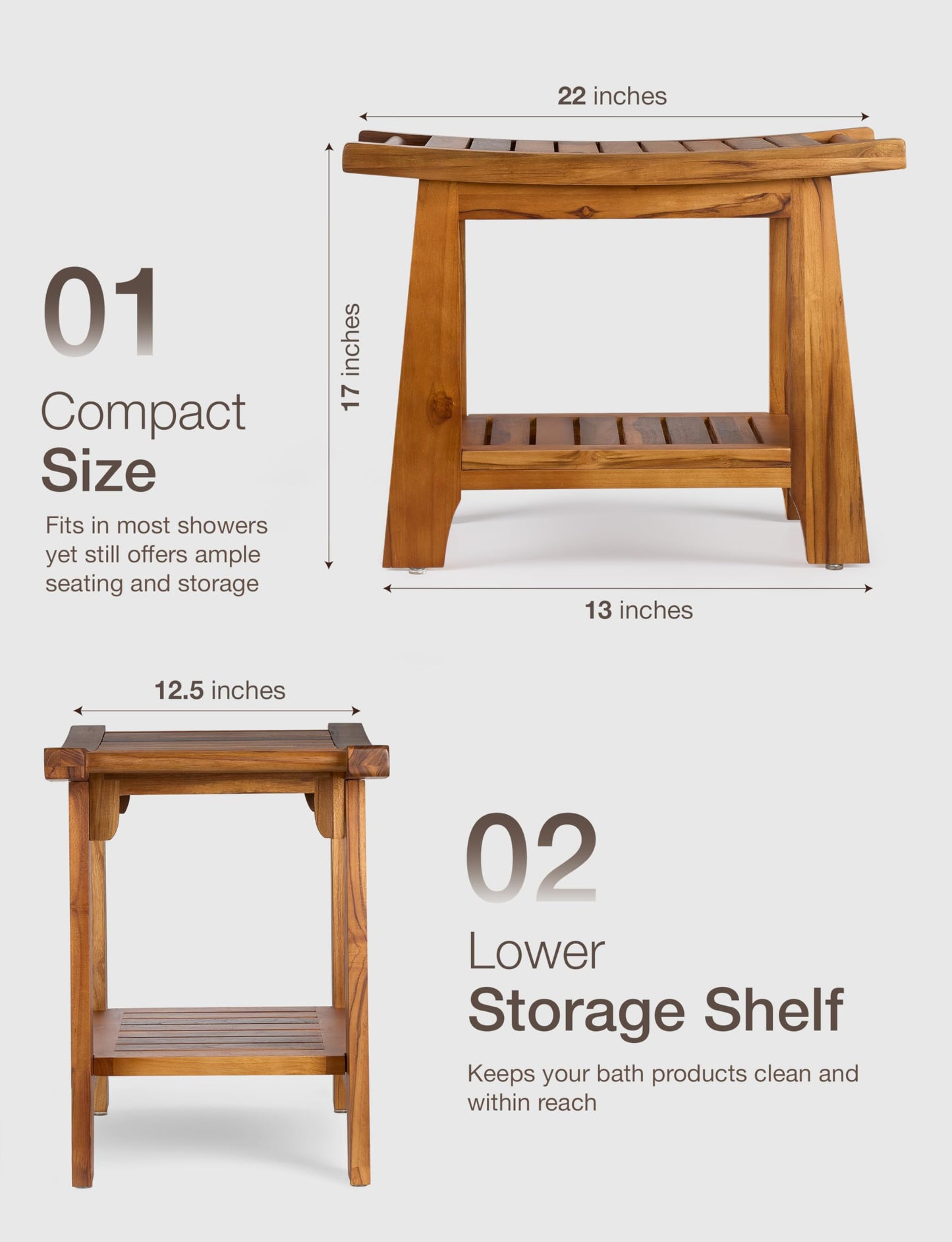 Tinamo 22”L Teak Shower Bench for Inside Shower- 400 Lbs Capacity -Teak Shower Stool & Wooden Bathroom Bench, Shower Chair for Inside Shower with Handles, Teak Shower Benches, Wood Bench for Bath