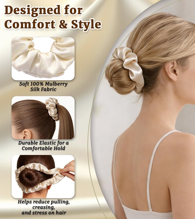 LUCKYOPERA 30 Momme 100% Mulberry Silk Scrunchies for Women and Girls, Oversized XL Hair Tie for Sleeping, Soft Smooth for No Damage Hair Care Sleeping (Beige)