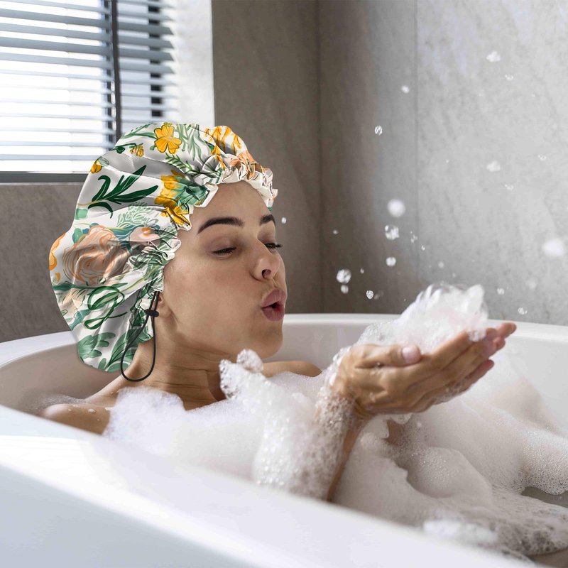 Cabreche Luxury Shower Cap Satin Silk Lined Adjustable Elastic Reusable Waterproof Shower Bath Cap Cute for Women Girls-Orange Flower