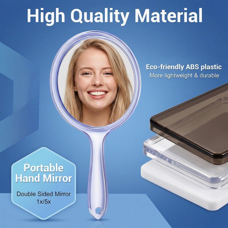 Bruislard Hand Held Mirror Double Sided with Handle, 1X/5X Magnifying Blue Mirror Hand-Mirror for Women 11.5x21cm