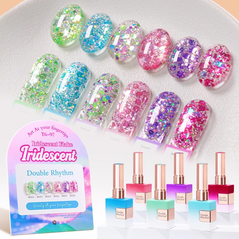 Double Rhythm Glitter Gel Polish Set of 6 Color with Display Borad 15 ml Full Size Cat Eye Magnetic Gel Nail Kit Shimmer Soak Off Manicure Salon DIY at Home (Iridescent Pink Red Rose Blue- T6-97)
