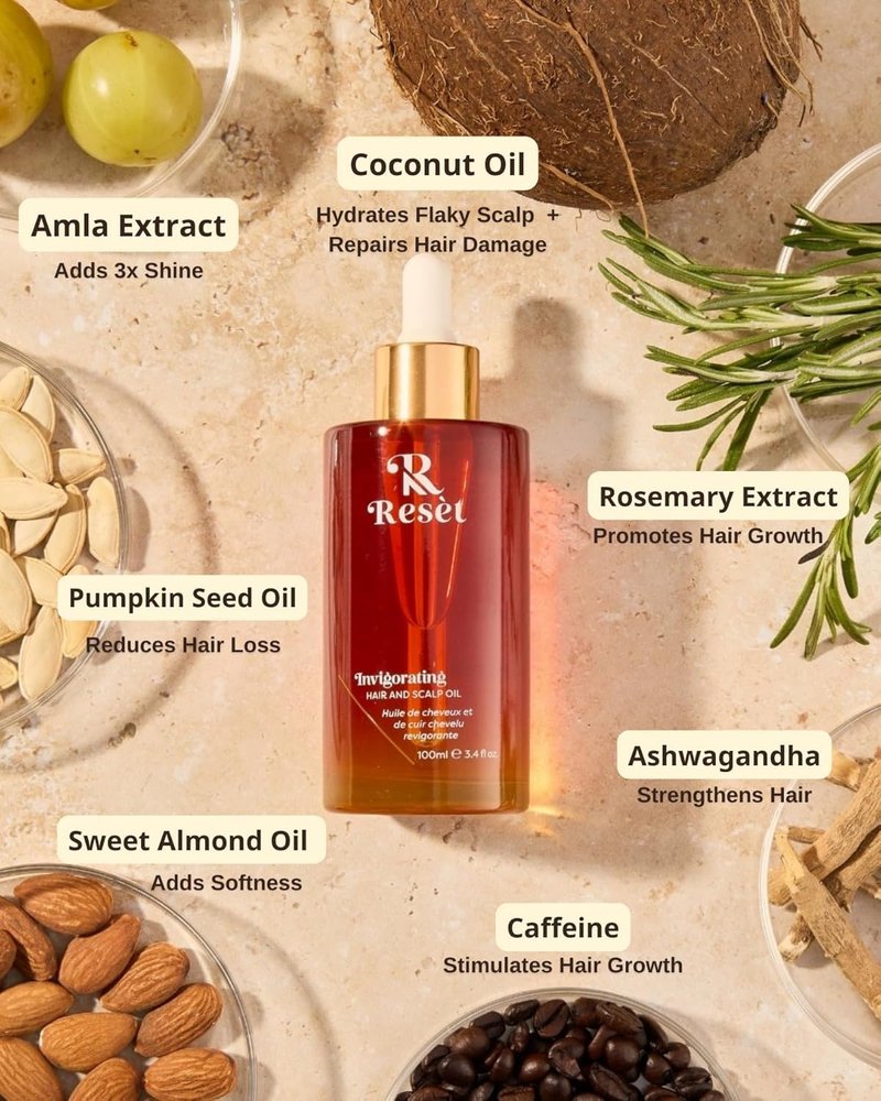Resèt Hair Growth Oil for Hair Loss | 8-in-1 Pre-Wash Scalp Treatment for Dry, Damaged Hair | Strengthens & Repairs, Reduces Breakage, Adds Shine | Hair Regrowth Oil with Amla, Caffeine & Rosemary