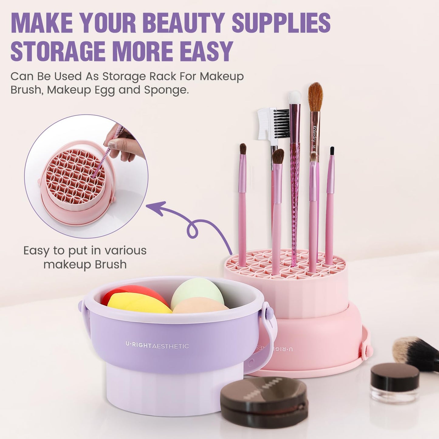 GOLIKEE Makeup Brush Cleaner Mat 3 in 1 Silicone Makeup Brush Cleaner Bowl Cosmetic Brushes Cleaning Tool Organizer for Storage and Air Drying (Purple)