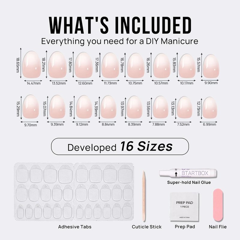 BTArtbox Press On Nails - Extra Short Almond Shape, Nude White Ombre Soft Gel | 32 Reusable Nails in 16 Sizes