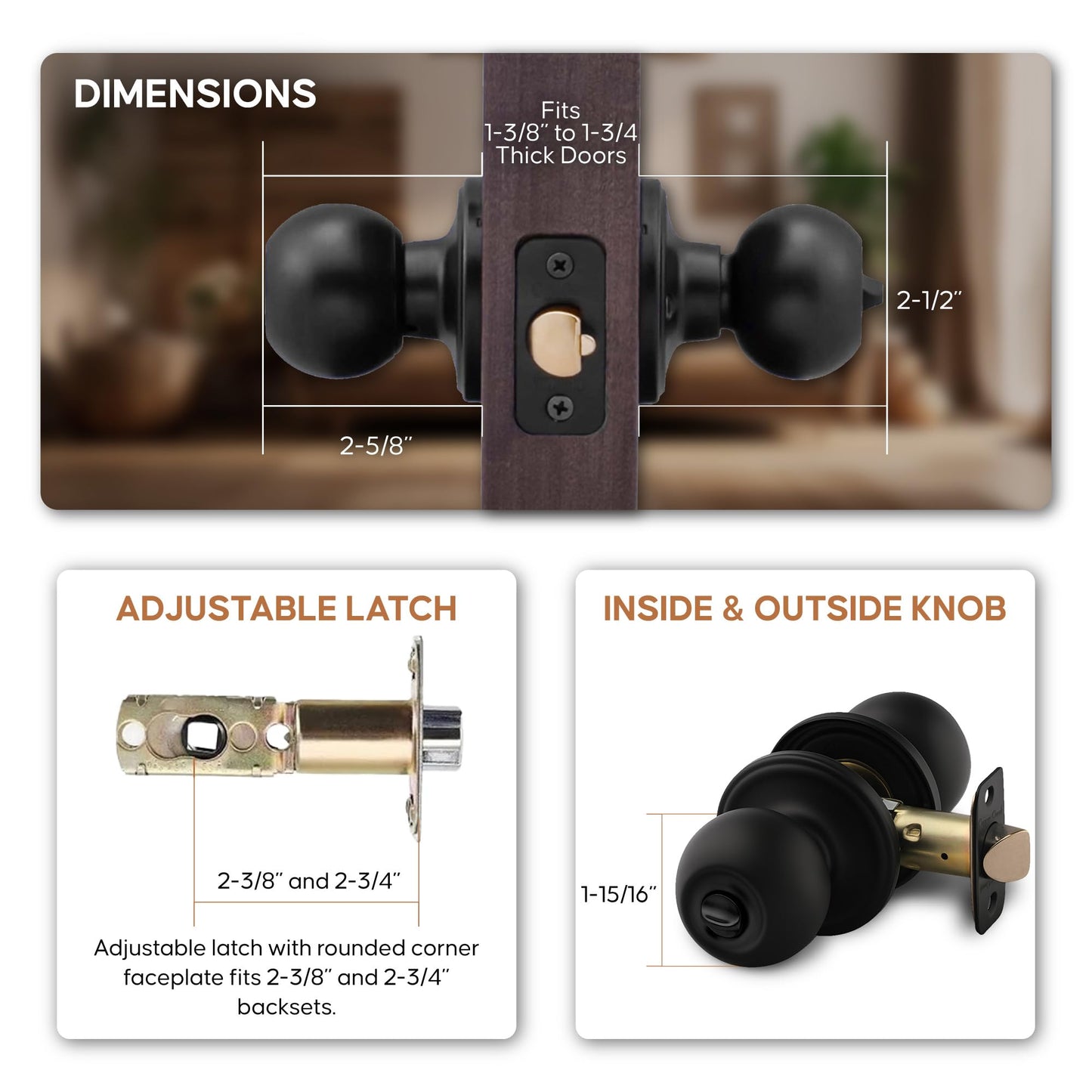 Copper Creek Privacy Interior Door Knob – ANSI Grade-3 Certified, Modern Heavy Duty Handle, Easy Install and Reversible for Bedroom, Bathroom and Closets – Matte Black (1 Pack)