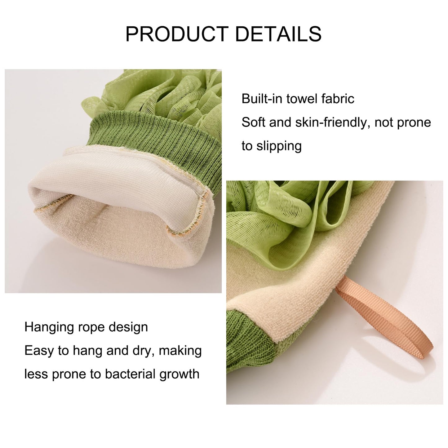 GOMKLNMO 2 Pack Shower Sponge Exfoliating Gloves, 2 in 1 Body Wash Gloves, Scrub Gloves with Shower Ball (Green)