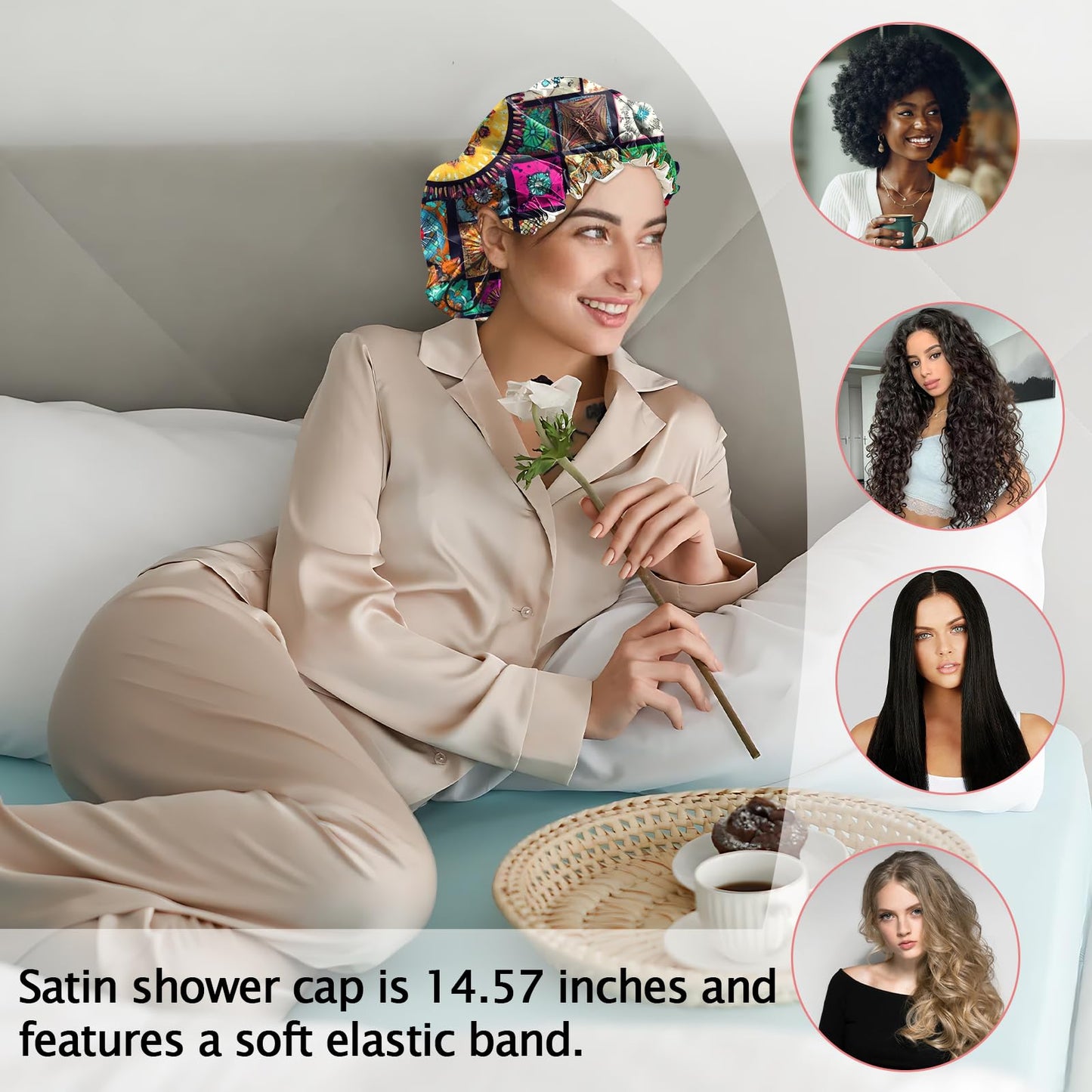 Cabreche Luxury Shower Cap Satin Silk Lined Adjustable Elastic Reusable Waterproof Shower Bath Cap Cute for Women Girls-Mandela