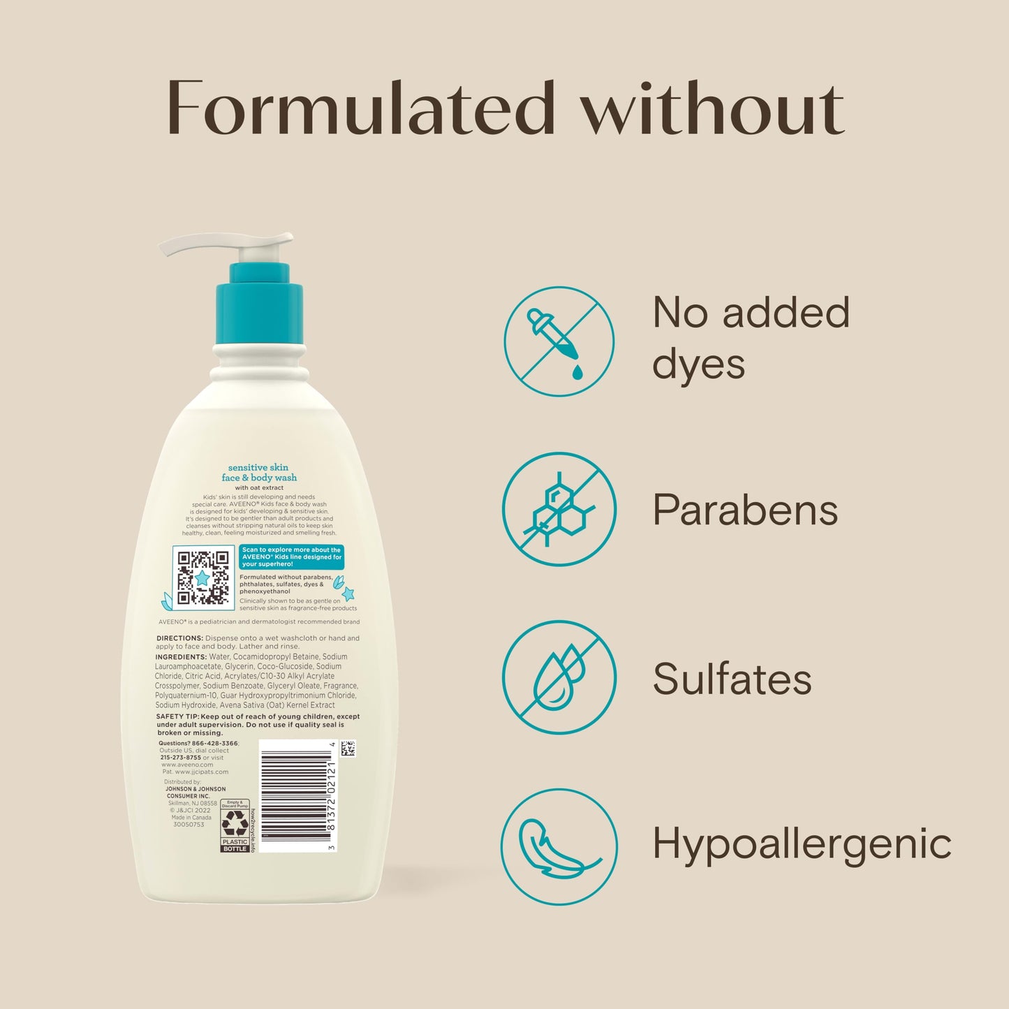 Aveeno Kids Sensitive Skin Face & Body Wash, Nourishing Oat Extract, Wash Away Dirt and Germs Without Drying, Kids Body Wash is Tear-Free, Hypoallergenic, Sulfate- & Dye-Free, 18 Fl Oz