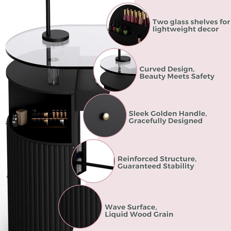 HolaiNail Manicure Table with Dust Collector, Professional Nail Tech Desk with Tempered Glass Top, Storage Cabinet & Drawer, Acetone Resistant, for Nail Beauty Salon Workstation(Black)